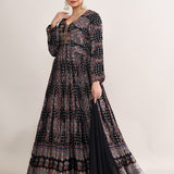 Black Cotton Silk Ajrakh Printed Anarkali Set