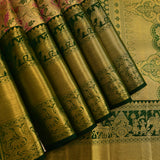 Golden Beige Kanjivaram Silk Saree With Bottle Green Woven Border And Pink Floral Jaal