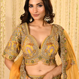 Earthy Yellow Embroidered Tissue Organza Lehenga Set