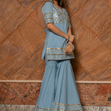 Powder Blue Cotton Indo Western Set With Gold Striped Peplum