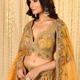Earthy Yellow Embroidered Tissue Organza Lehenga Set