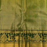 Golden Beige Kanjivaram Silk Saree With Bottle Green Woven Border And Pink Floral Jaal