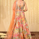 Multicolour Pink Embroidered Crepe Lehenga Set