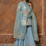 Powder Blue Cotton Indo Western Set With Gold Striped Peplum