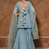 Powder Blue Cotton Indo Western Set With Gold Striped Peplum
