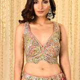 Multicolour Pink Embroidered Crepe Lehenga Set