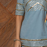 Powder Blue Cotton Indo Western Set With Gold Striped Peplum