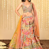 Multicolour Pink Embroidered Crepe Lehenga Set