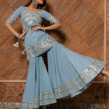 Powder Blue Cotton Indo Western Set With Gold Striped Peplum