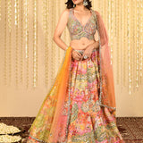 Multicolour Pink Embroidered Crepe Lehenga Set