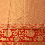 Sage Green Kanjivaram Silk Saree With Red Border And Gold Zari Lotus Weave