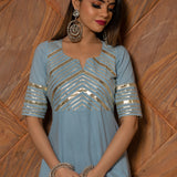 Powder Blue Cotton Indo Western Set With Gold Striped Peplum