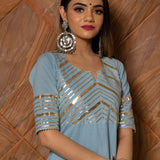 Powder Blue Cotton Indo Western Set With Gold Striped Peplum