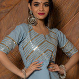 Powder Blue Cotton Indo Western Set With Gold Striped Peplum