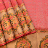 Kanjivaram Silk Saree In Coral Pink With Multicolour Floral Medallion Border And Antique Gold Pallu