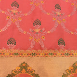 Kanjivaram Silk Saree In Coral Pink With Multicolour Floral Medallion Border And Antique Gold Pallu