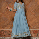 Powder Blue Cotton Anarkali Set With Gold Gota Striped Border