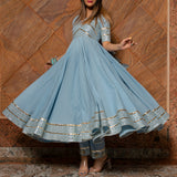 Powder Blue Cotton Anarkali Set With Gold Gota Striped Border