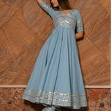 Powder Blue Cotton Anarkali Set With Gold Gota Striped Border