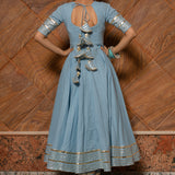 Powder Blue Cotton Anarkali Set With Gold Gota Striped Border