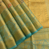Gold Kanjivaram Silk Saree With Turquoise Contrast Border And Multicolour Bird Butti