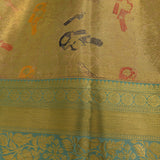 Gold Kanjivaram Silk Saree With Turquoise Contrast Border And Multicolour Bird Butti