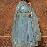 Powder Blue Cotton Anarkali Set With Gold Gota Striped Border