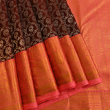 Exquisite Dark Brown And Pink Kanjivaram Silk Saree With Gold Zari Floral Weave