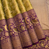 Olive Green Kanjivaram Silk Saree With Purple Border And Gold Zari Floral Weave
