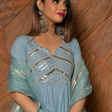 Powder Blue Cotton Anarkali Set With Gold Gota Striped Border