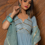 Powder Blue Cotton Anarkali Set With Gold Gota Striped Border