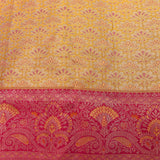 Mustard Yellow Kanjivaram Silk Saree With Pink Border And Gold Zari Paisley Weave