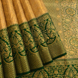 Majestic Mustard Yellow And Green Kanjivaram Silk Saree With Gold Zari Floral Jaal