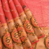 Kanjivaram Silk Saree In Coral Red With Multicolour Floral Buttas And Contrast Antique Gold Medallion Border