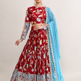 Maroon Raw Silk Kalamkari Lehenga Set