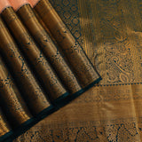 Pure Kanjivaram Silk Saree — Peach With Deep Teal Contrast Border & Heavy Gold Zari Paisley Pallu