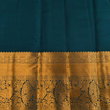 Pure Kanjivaram Silk Saree — Peach With Deep Teal Contrast Border & Heavy Gold Zari Paisley Pallu