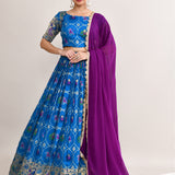 Celtic Blue Cotton Silk Ikat Printed Lehenga Set