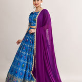 Celtic Blue Cotton Silk Ikat Printed Lehenga Set