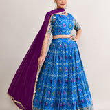 Celtic Blue Cotton Silk Ikat Printed Lehenga Set