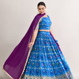 Celtic Blue Cotton Silk Ikat Printed Lehenga Set
