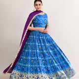 Celtic Blue Cotton Silk Ikat Printed Lehenga Set