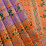 Lavender Kanjivaram Silk Saree With Orange Border And Multicolour Elephant Shikargah Weave