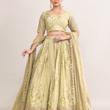 Muted Pastel Green Satin Floral Printed Lehenga Set