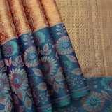 Rust Orange Kanjivaram Silk Saree With Teal Border And Multicolour Sunflower Weave