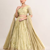 Muted Pastel Green Satin Floral Printed Lehenga Set