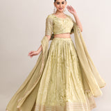 Muted Pastel Green Satin Floral Printed Lehenga Set
