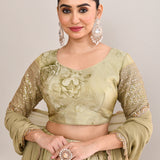 Muted Pastel Green Satin Floral Printed Lehenga Set