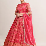 Crimson Pink Raw Silk Banarasi Lehenga Set
