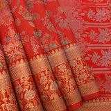 Radiant Red Floral Weaver'S Kanjivaram Silk Saree With Traditional Swan Motifs